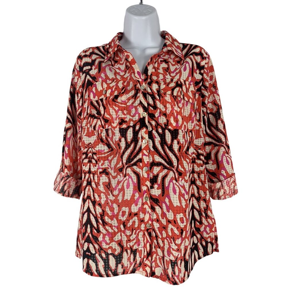 Womens Button-Up Blouse Long Sleeve Animal Print Polyester Red Black Size Small - Picture 4 of 12